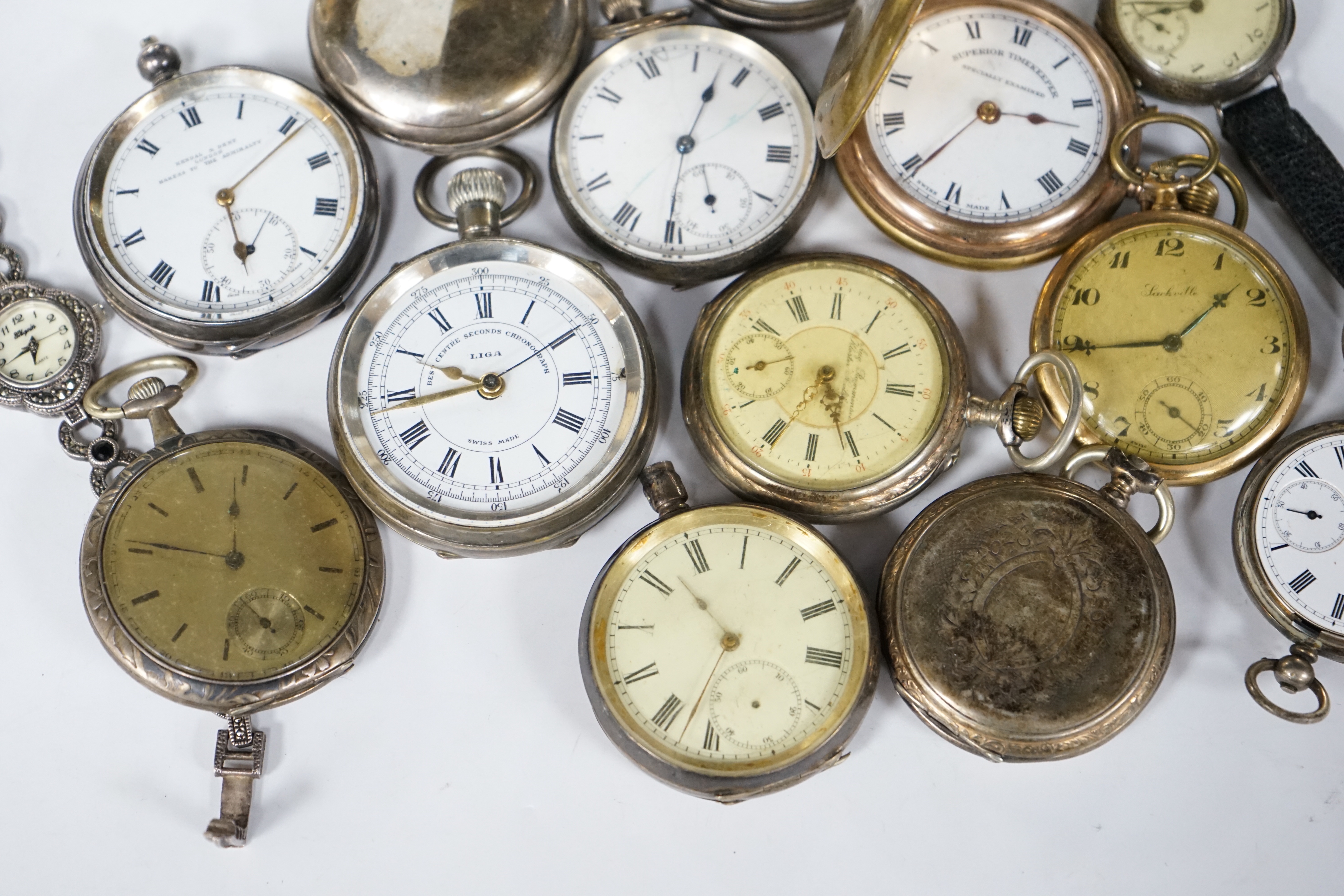 A lady's marcasite set wrist watch, a 935 standard wrist watch and a small quantity of assorted pocket watches, including 900 standard and niello white metal, three silver pocket watches including Kendall & Dent and a Li